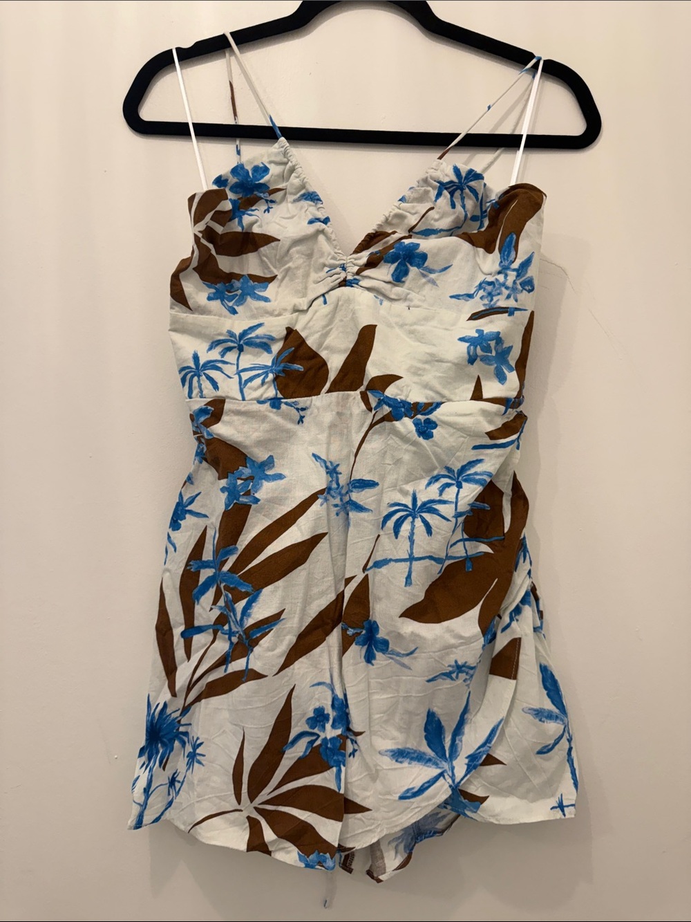 Zara White Mini Dress with Blue Floral & Brown Leaf Print